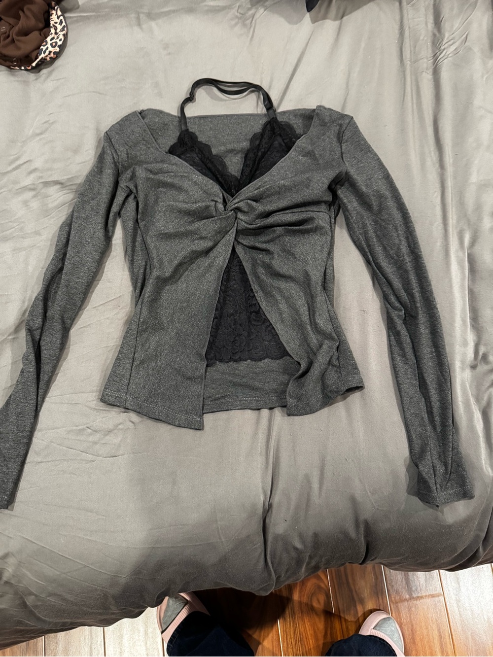 Gray Twist-Front Long Sleeve Top with Black Lace built in bralette